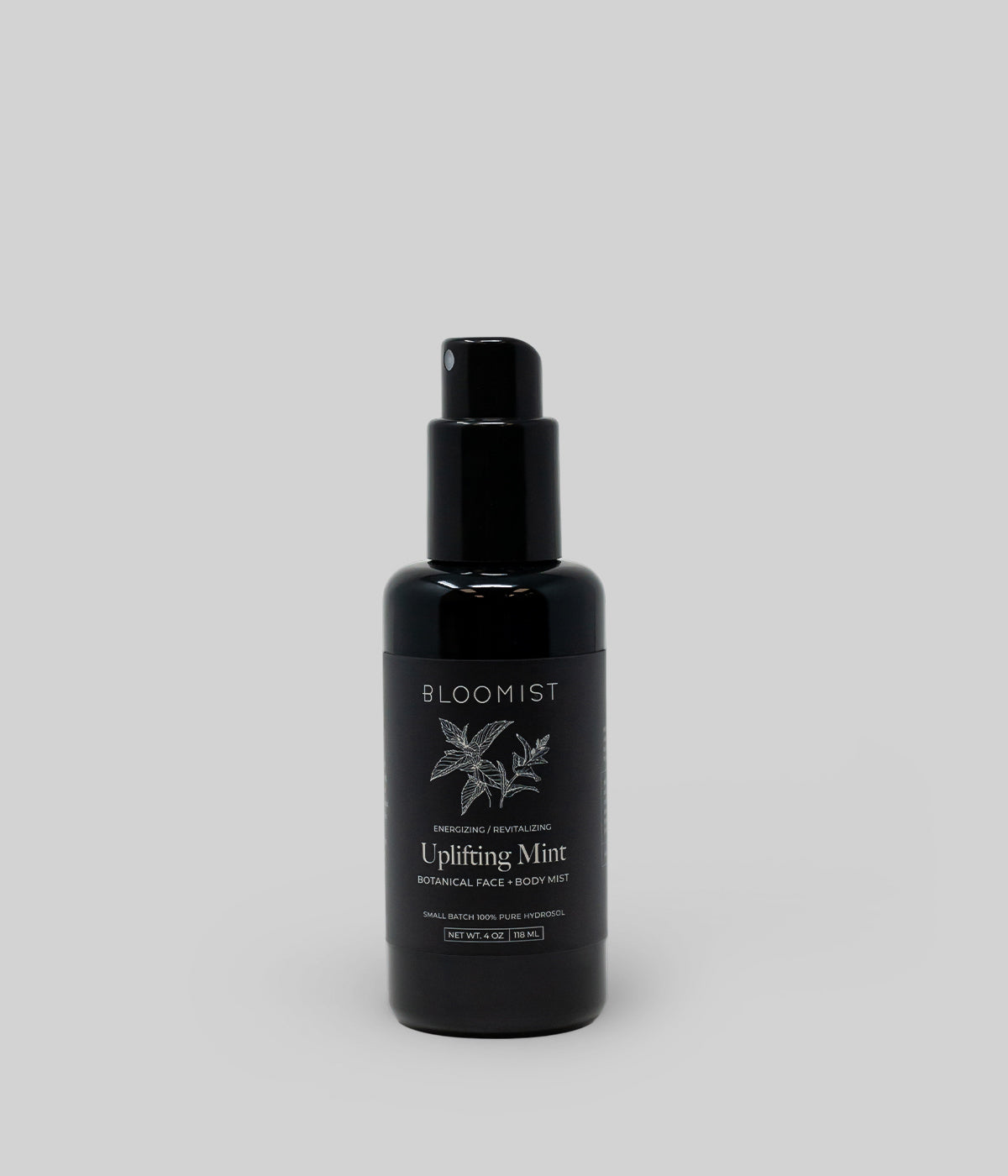 Organic Peppermint Hydrosol face and body mist in a black bottle