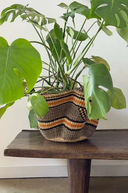 Bolgatanga basket with sculptural petal rim and striped pattern