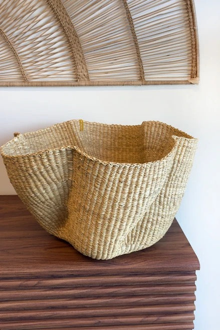 Undyed Bolgatanga basket woven from undyed elephant grass for planter or storage use