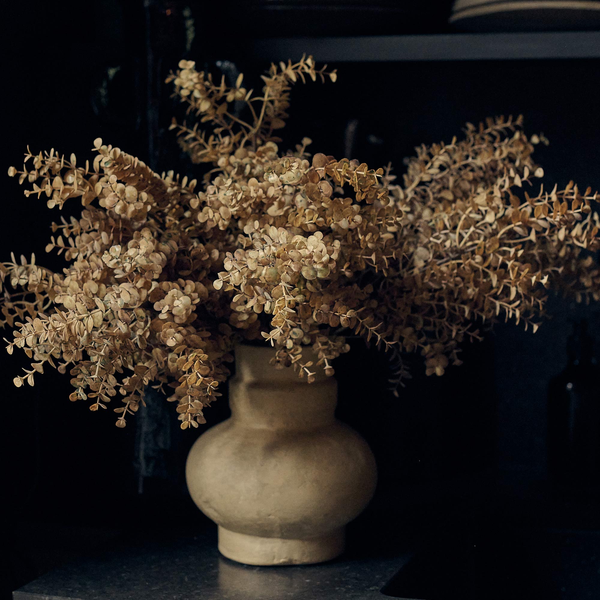 Faux eucalyptus stems in ceramic vase with sun-washed tones and natural form
