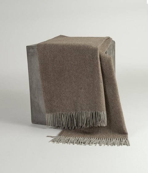 Luxurious herringbone blanket made from sustainable yak down in cappuccino with platinum accents