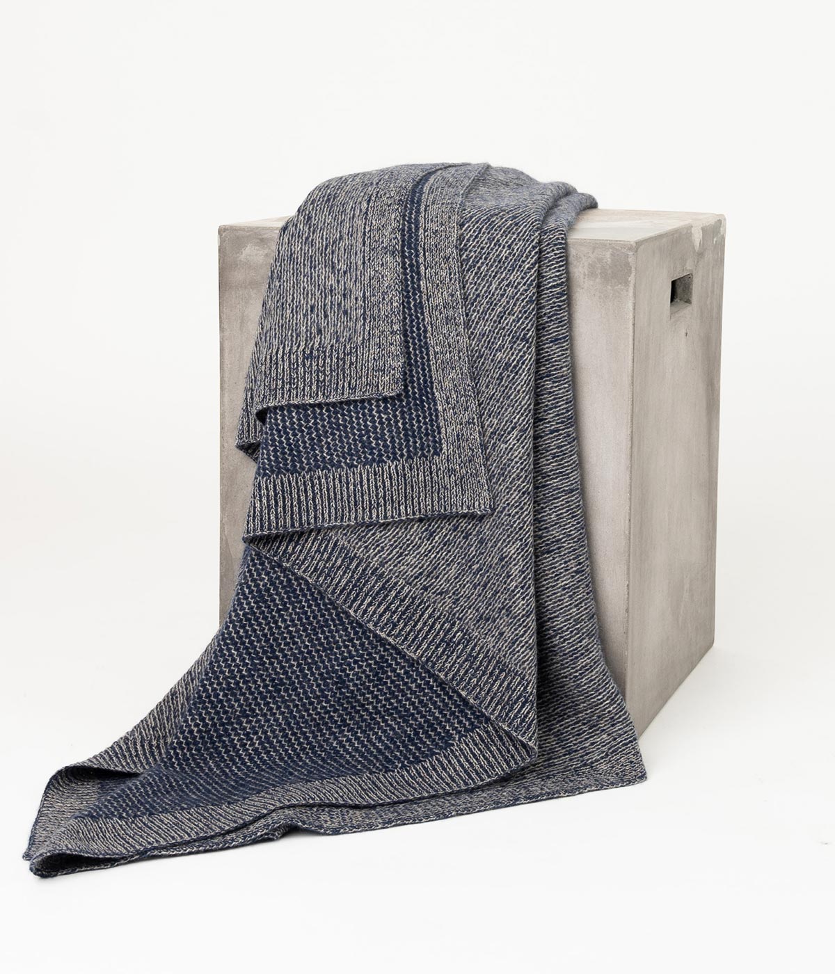 Cobalt and Platinum Yak Wool Throw with intricate beehive knit pattern