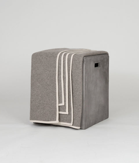 Grey Knit Throw Blanket with hypoallergenic yak down and elegant white cashmere border