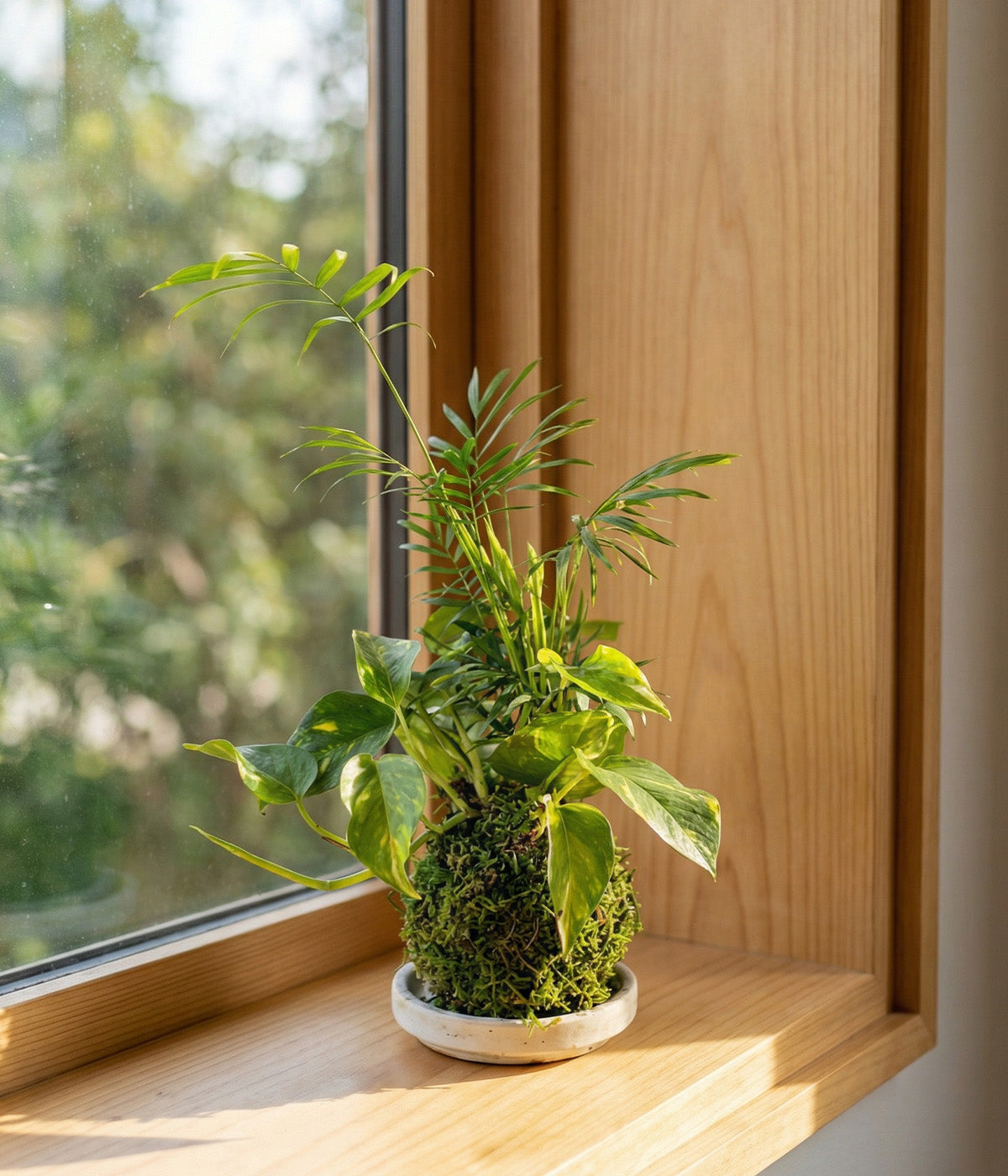 devil's ivy and parlor palm displayed on a windowsill