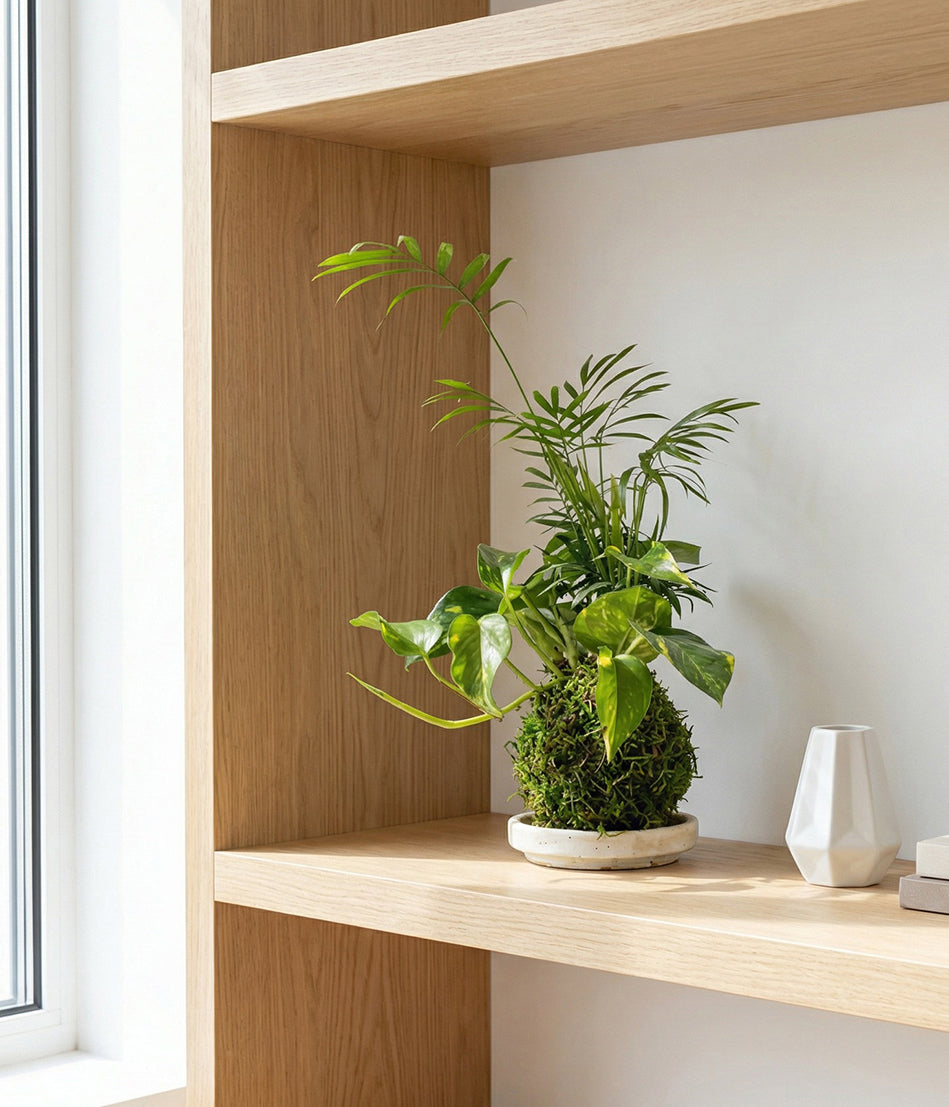Hanging kokedama with Parlor Palm and Devil’s Ivy for bright indoor spaces