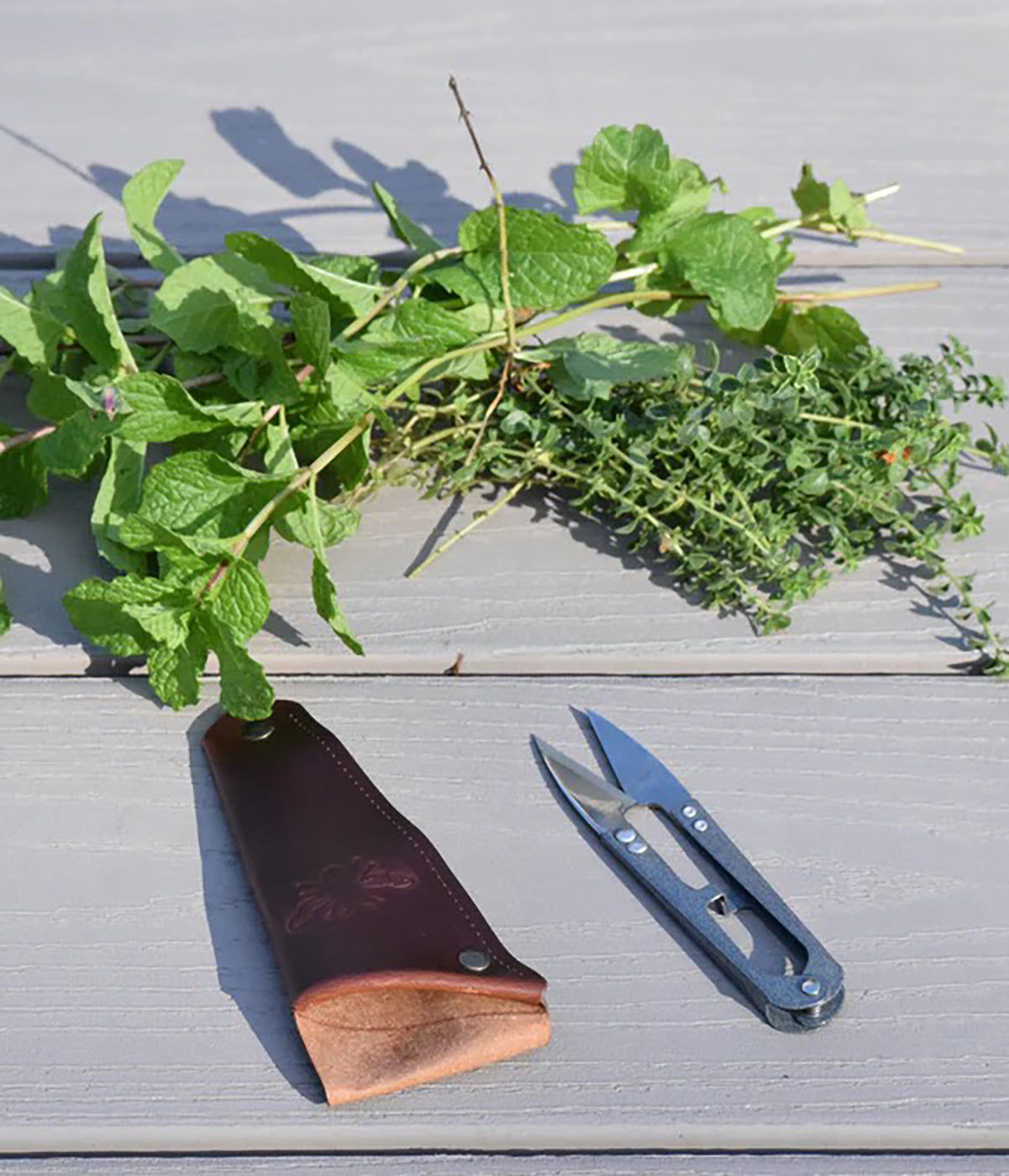 Stainless Steel Garden Pruners with stitched recycled leather pouch for herbs and flowers