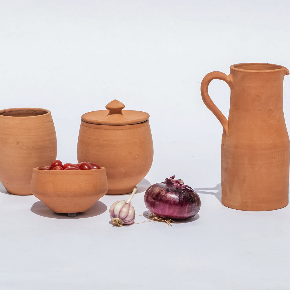 terracotta pitcher and pots made from natural clay from Morocco